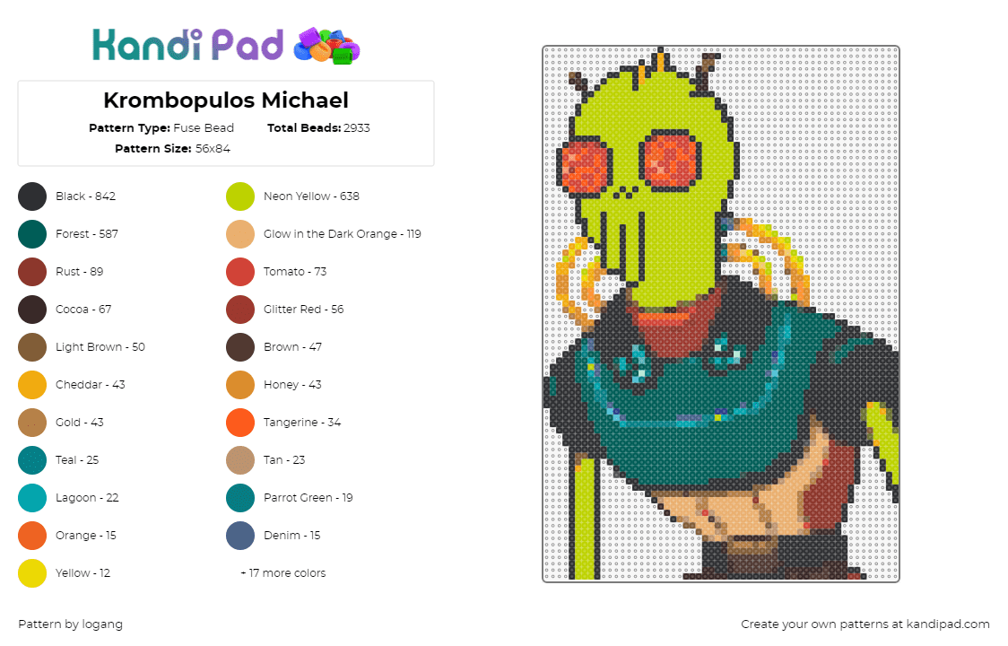 Krombopulos Michael - Fuse Bead Pattern by logang on Kandi Pad - krombopulos michael,rick and morty,alien,character,cartoon,tv show,green,red