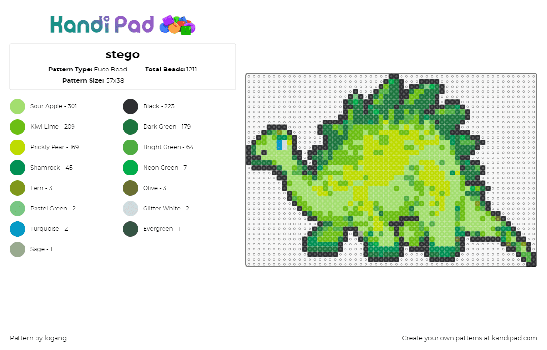 stego - Fuse Bead Pattern by logang on Kandi Pad - stegosaurus,dinosaur,prehistoric,animal,cute,green