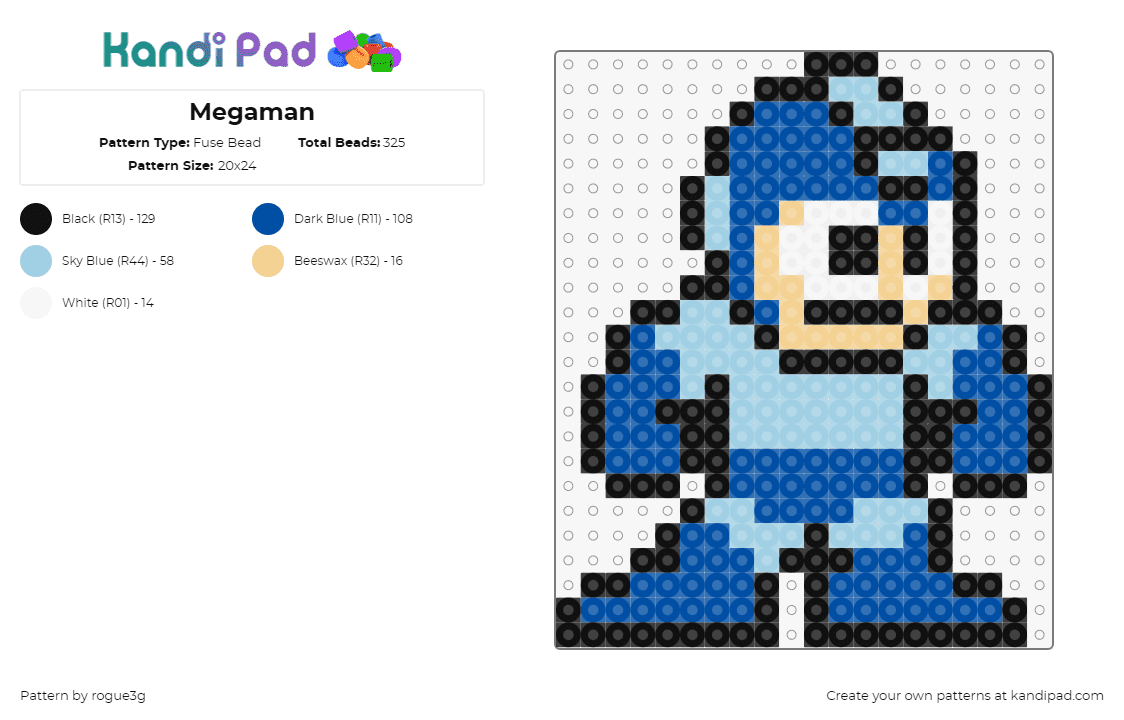 Megaman - Fuse Bead Pattern by rogue3g on Kandi Pad - mega man,capcom,sega,character,video game,retro,classic,blue,light blue