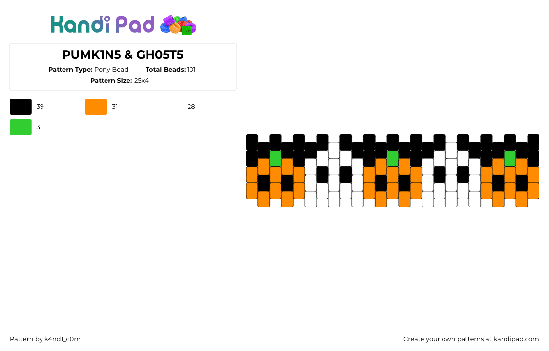 PUMK1N5 & GH05T5 - Pony Bead Pattern by k4nd1_c0rn on Kandi Pad - pumpkins,ghosts,spooky,halloween,festive,bracelet,cuff,black,orange,white