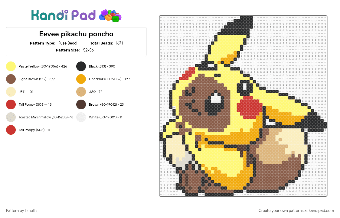 Eevee pikachu poncho - Fuse Bead Pattern by lizneth on Kandi Pad - eevee, orange, pikachu, pokemon, tan, yellow