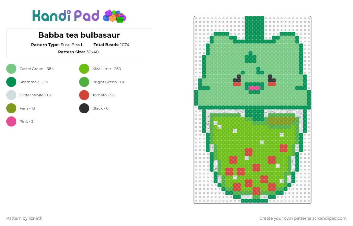Babba tea bulbasaur - Fuse Bead Pattern by lizneth on Kandi Pad - green,teal