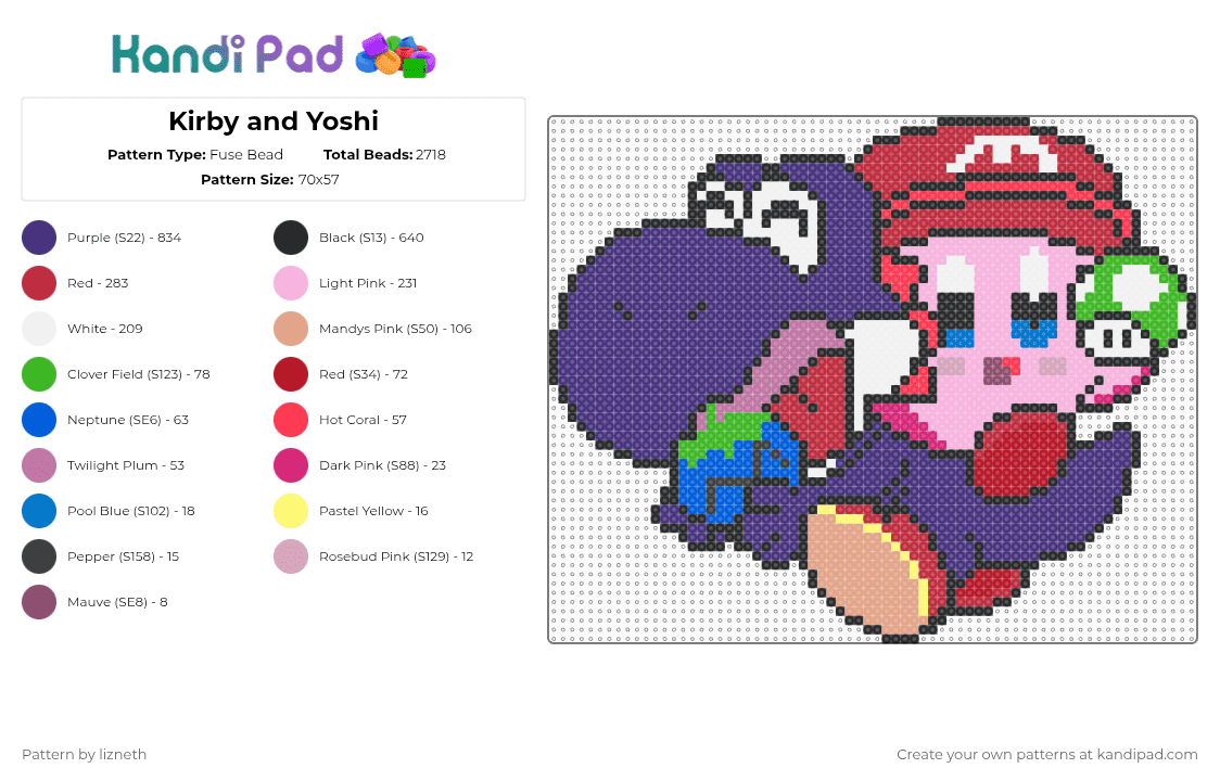 Kirby and Yoshi - Fuse Bead Pattern by lizneth on Kandi Pad - red,purple,pink,kirby,yoshi