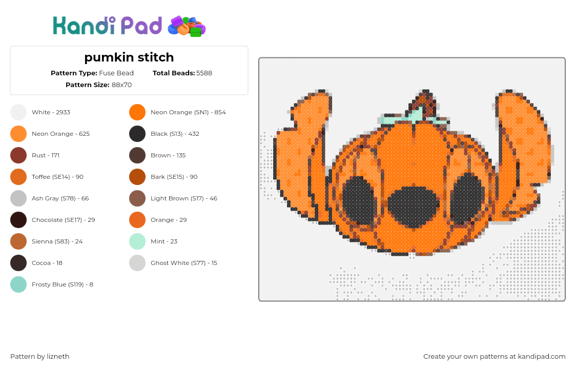 pumkin stitch - Fuse Bead Pattern by lizneth on Kandi Pad - stich,pumpkin,lilo and stitch,mashup,spooky,halloween,disney,jackolantern,orange