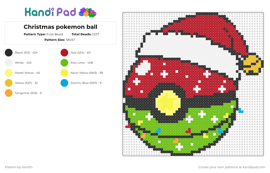 Christmas pokemon ball - Fuse Bead Pattern by lizneth on Kandi Pad - pokeball,christmas,pokemon,ball,snow,holiday,cartoon,anime,gaming,video game,red,green