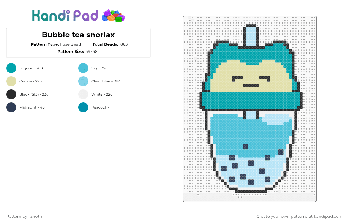Bubble tea snorlax - Fuse Bead Pattern by lizneth on Kandi Pad - snorlax,bubble tea,pokemon,mashup,drink,anime,video game,gaming,food,light blue,teal