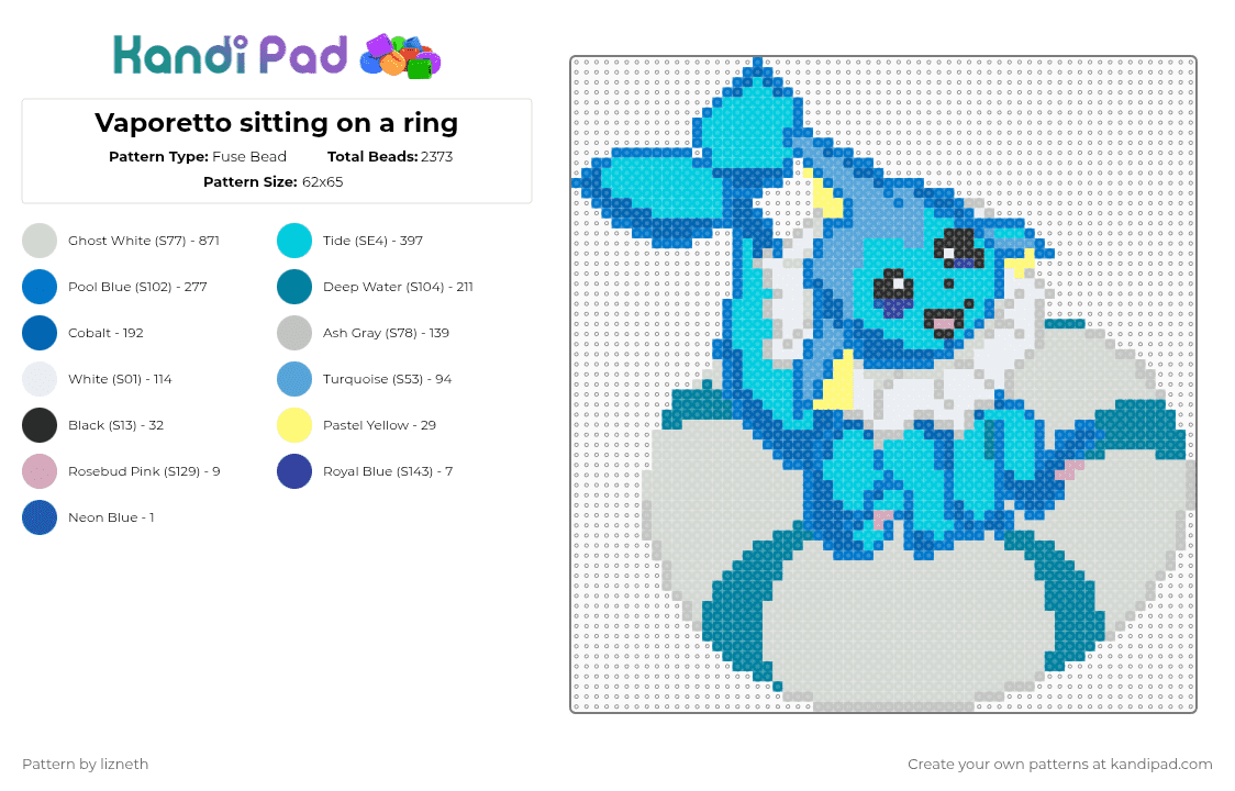 Vaporetto sitting on a ring - Fuse Bead Pattern by lizneth on Kandi Pad - white,blue,light blue,teal,pokmon,eeveelutions,vaporeon