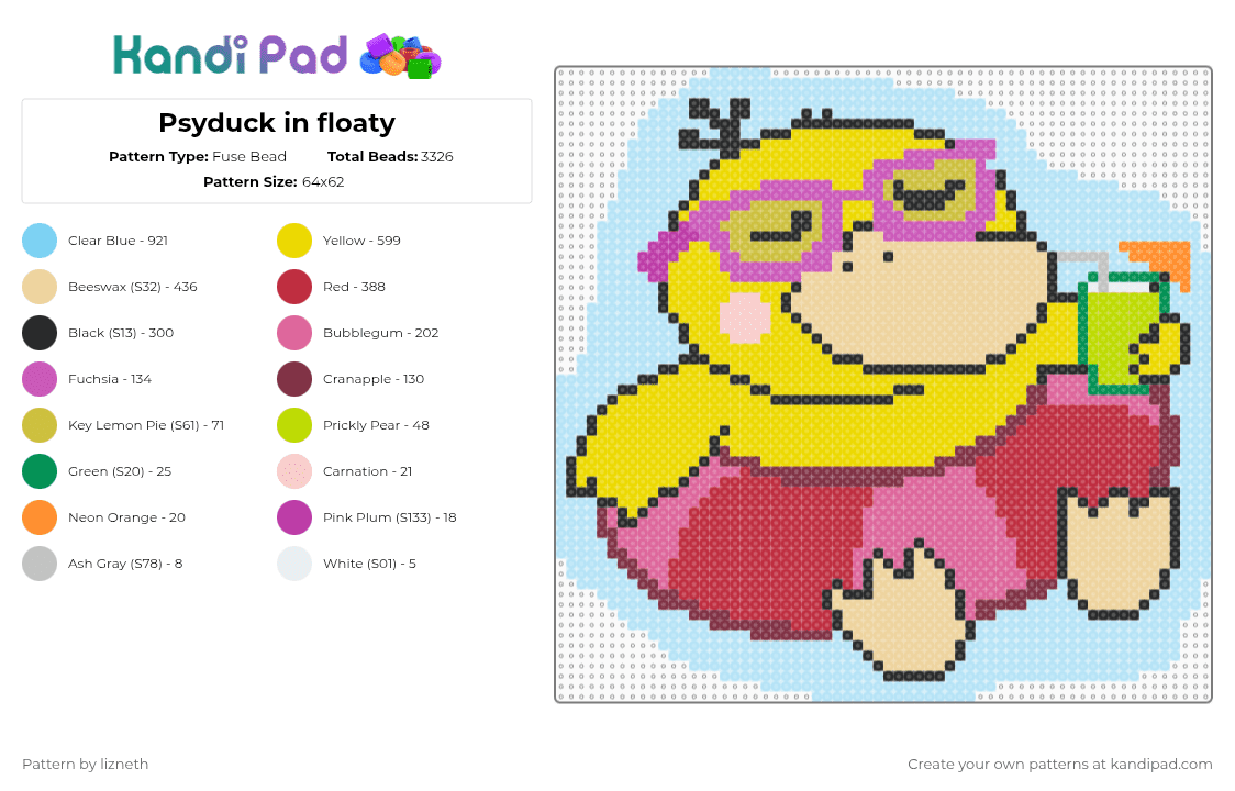 Psyduck in floaty - Fuse Bead Pattern by lizneth on Kandi Pad - pink,yellow,colorful,pokmon,psyduck