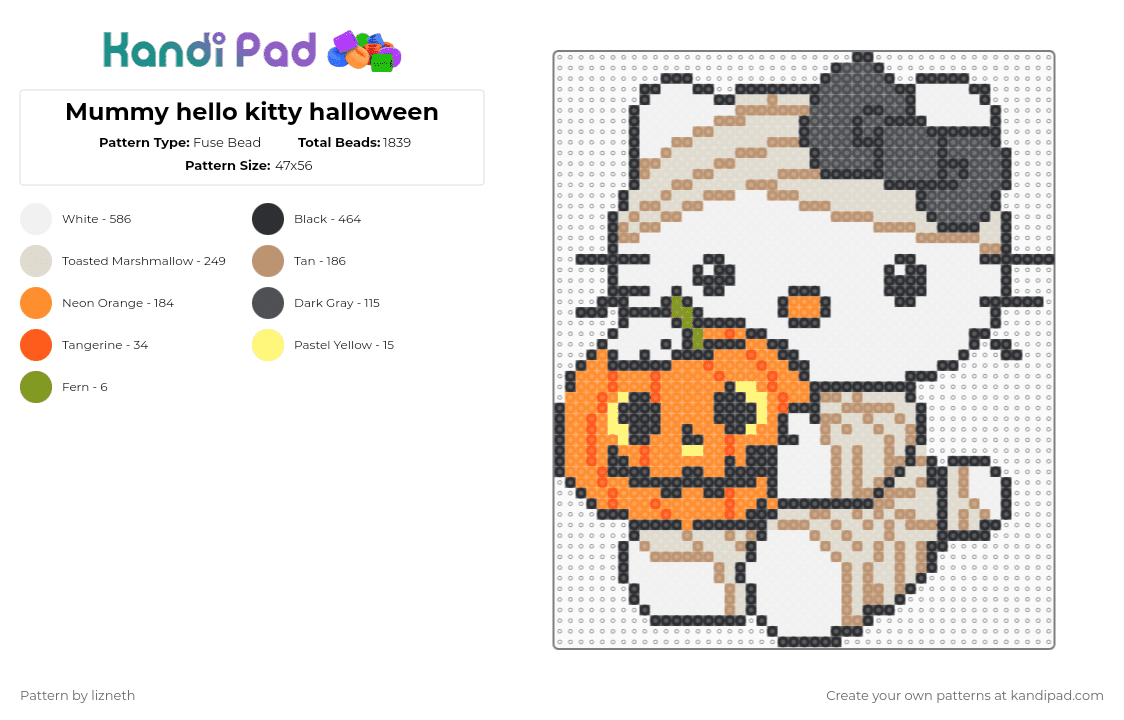 Mummy hello kitty halloween - Fuse Bead Pattern by lizneth on Kandi Pad - hello kitty,halloween,pumpkin,mummy,costume,trick or treat,sarnrio,character,kawaii,sanrio,cartoon,holiday,spooky,white,orange,beige