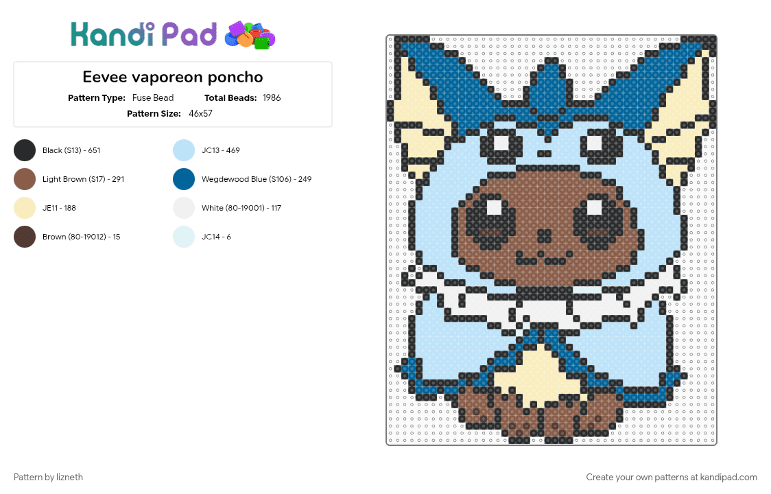 Eevee vaporeon poncho - Fuse Bead Pattern by lizneth on Kandi Pad - blue, eevee, light blue, pokemon, tan, vaporeon