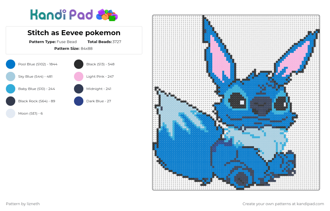 Stitch as Eevee pokemon - Fuse Bead Pattern by lizneth on Kandi Pad - stitch,eevee,pokemon,mashup,disney,cute,character,lilo and stitch,animal,cartoon,gaming,video game,blue