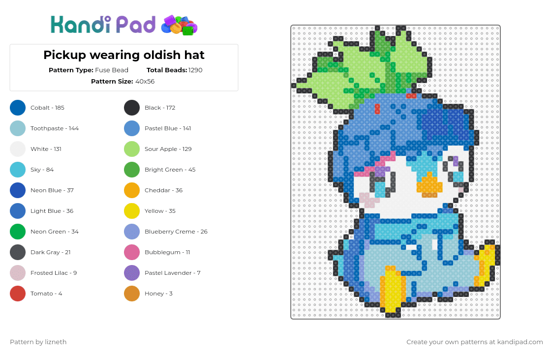 Pickup wearing oldish hat - Fuse Bead Pattern by lizneth on Kandi Pad - piplup,oddish,pokemon,cute,gaming,video game,blue,light blue,green