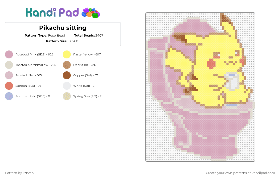 Pikachu sitting - Fuse Bead Pattern by lizneth on Kandi Pad - video game,anime,cartoon,toilet,gaming,pokemon,beige,pink,yellow,pokmon,pikachu
