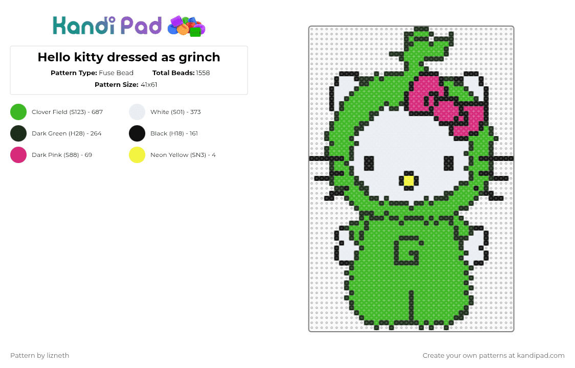 Hello kitty dressed as grinch - Fuse Bead Pattern by lizneth on Kandi Pad - green
