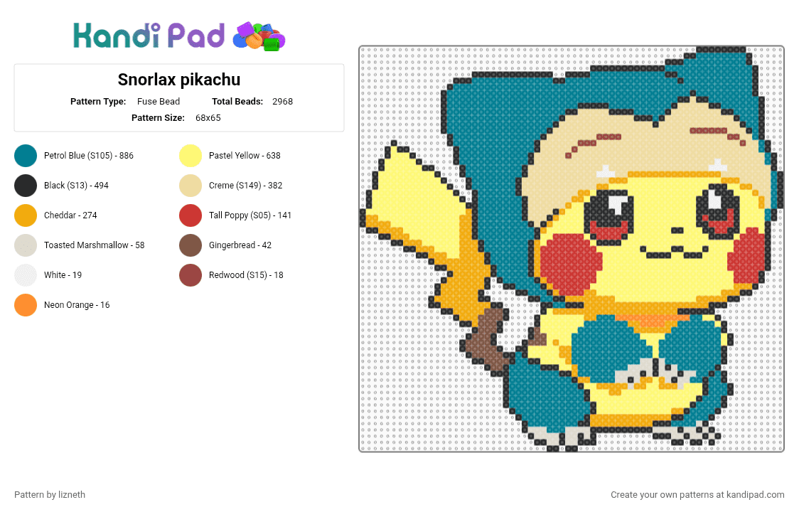Snorlax pikachu - Fuse Bead Pattern by lizneth on Kandi Pad - teal,yellow,beige