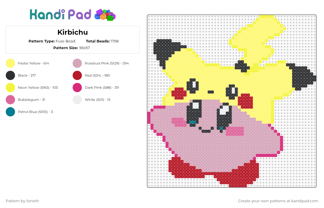 Kirbichu - Fuse Bead Pattern by lizneth on Kandi Pad - pink,yellow,pokemon,kirby,pikachu,kirbichu