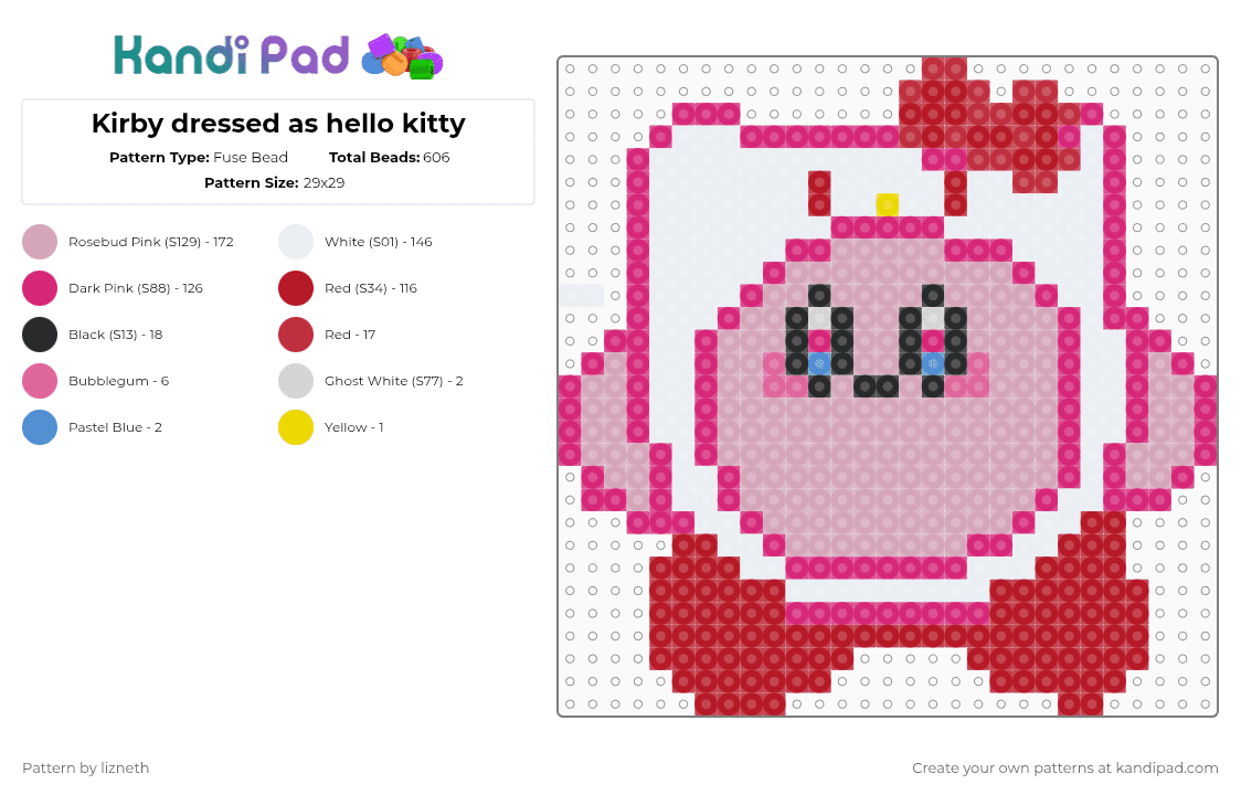 Kirby dressed as hello kitty - Fuse Bead Pattern by lizneth on Kandi Pad - hello kitty, kirby, pink, red