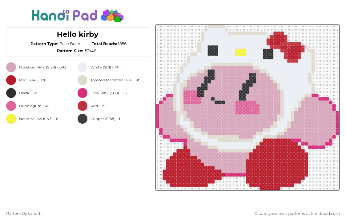 Hello kirby - Fuse Bead Pattern by lizneth on Kandi Pad - red,pink,kirby,hello kitty