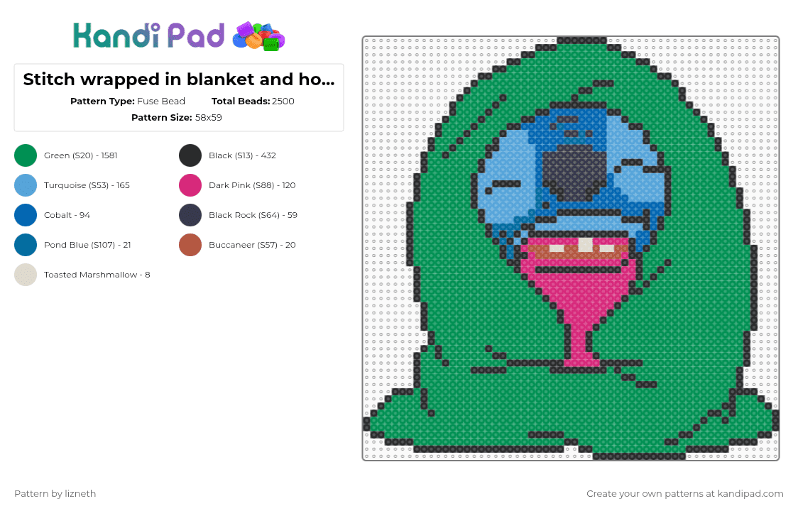 Stitch wrapped in blanket and hot chocolate - Fuse Bead Pattern by lizneth on Kandi Pad - green