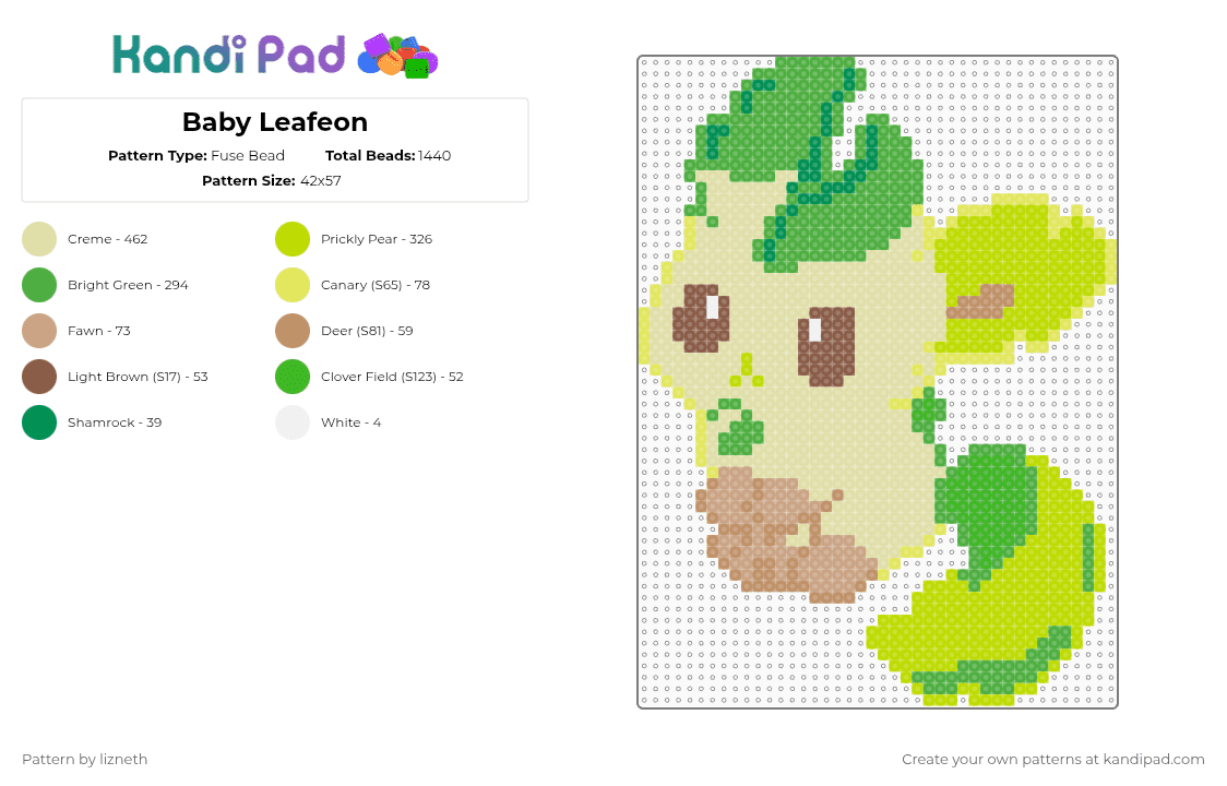 Baby Leafeon - Fuse Bead Pattern by lizneth on Kandi Pad - yellow,green,leafeon,pokemon,eeveelutions
