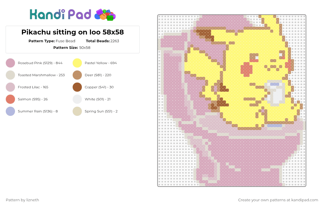 Pikachu sitting on loo 58x58 - Fuse Bead Pattern by lizneth on Kandi Pad - beige,pink,yellow,pokmon,pikachu
