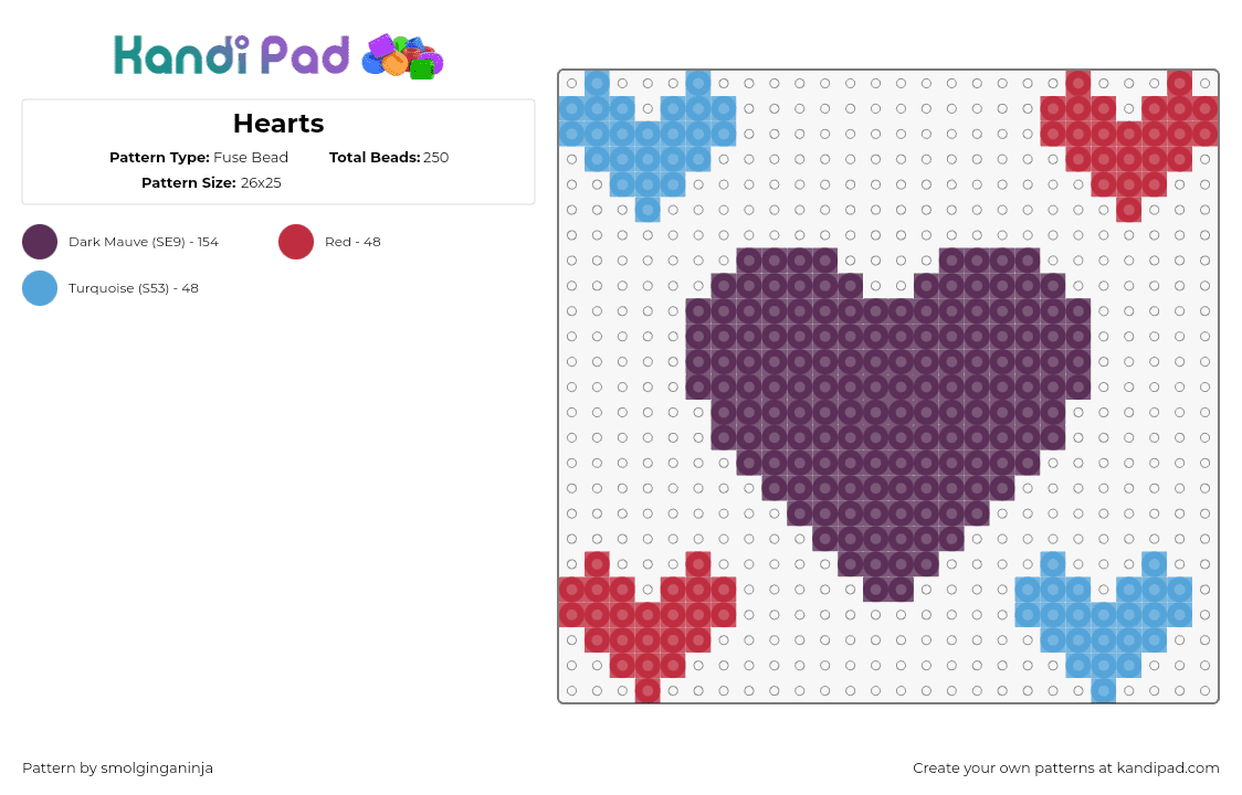 Hearts - Fuse Bead Pattern by smolginganinja on Kandi Pad - hearts,love,valentine,red,light blue,purple