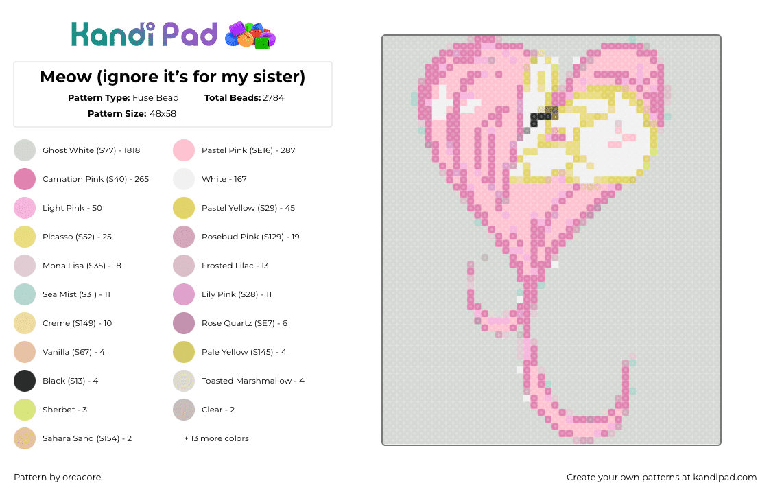 Meow (ignore it’s for my sister) - Fuse Bead Pattern by orcacore on Kandi Pad - mlp,my little pony,heart,pink,yellow