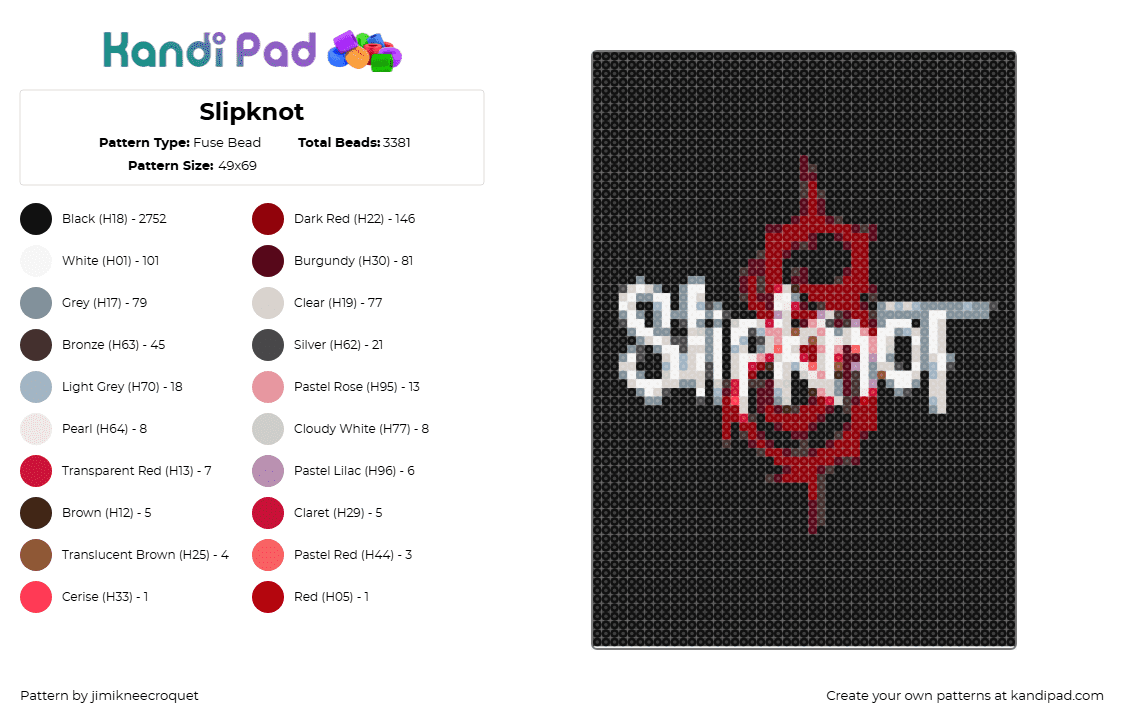 Slipknot - Fuse Bead Pattern by jimikneecroquet on Kandi Pad - slipknot,logo,band,music,metal,white,red,black