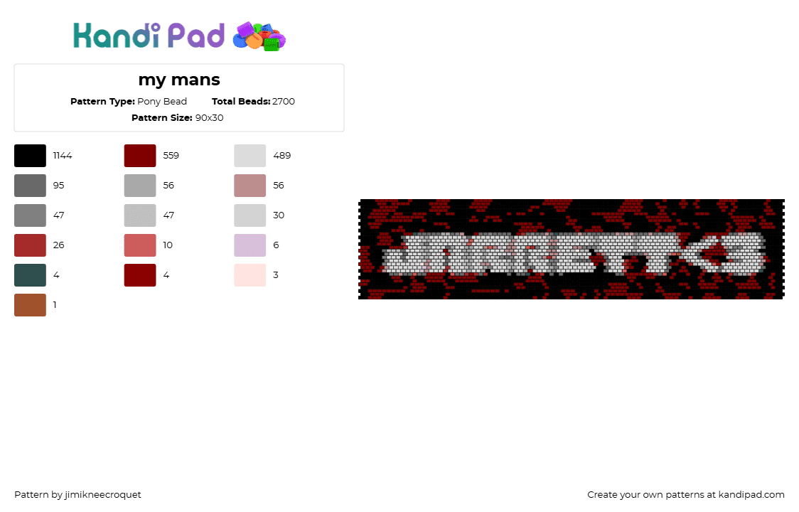 my mans - Pony Bead Pattern by jimikneecroquet on Kandi Pad - jarrett,name,love,sign,panel,dark,gray,white,black,red