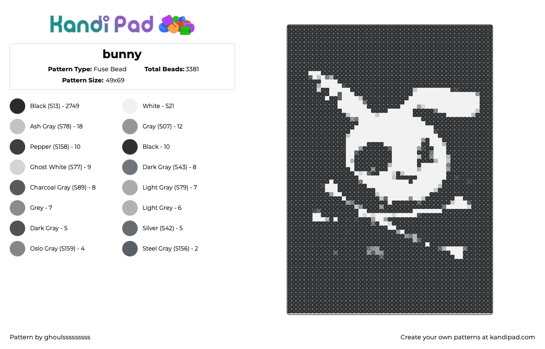 bunny - Fuse Bead Pattern by ghoulsssssssss on Kandi Pad - bunny,crossbones,skull,panel,spooky,rabbit,white,black