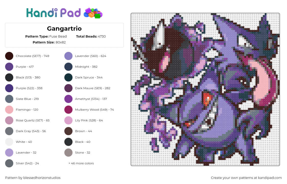 Gangartrio - Fuse Bead Pattern by blessedhorizonstudios on Kandi Pad - gastly,haunter,gengar,pokemon,evolution,characters,gaming,purple,pink