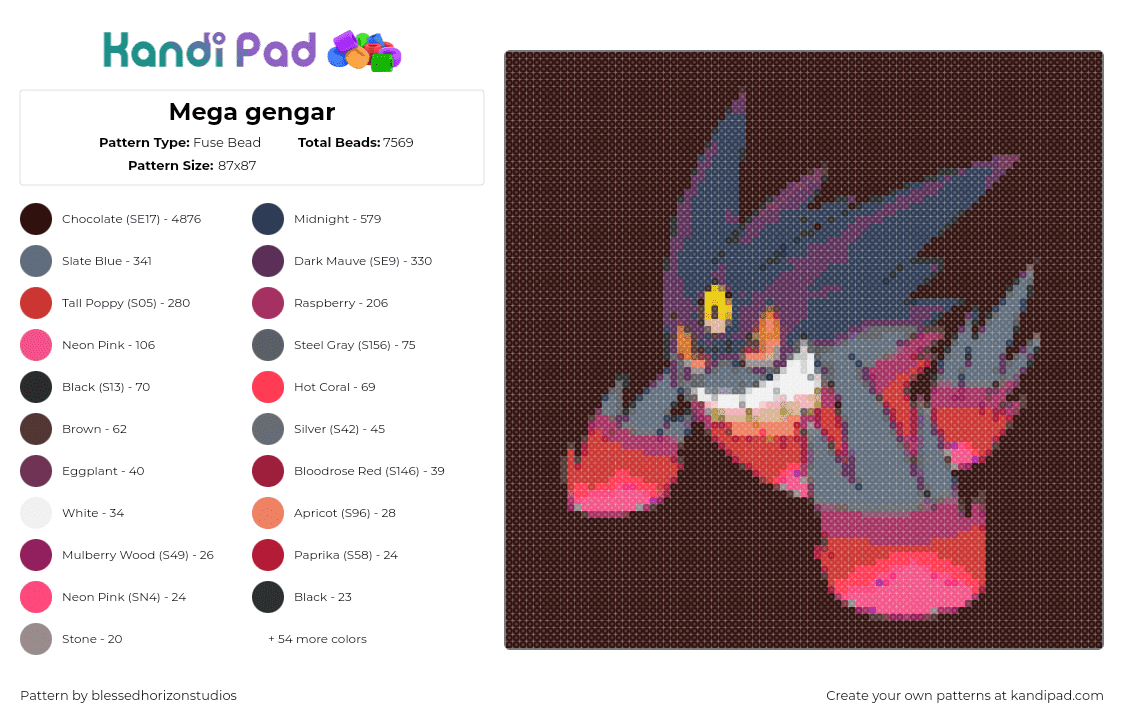 Mega gengar - Fuse Bead Pattern by blessedhorizonstudios on Kandi Pad - gengar,pokemon,evolution,ghost,character,panel,spooky,gaming,pink,gray,black