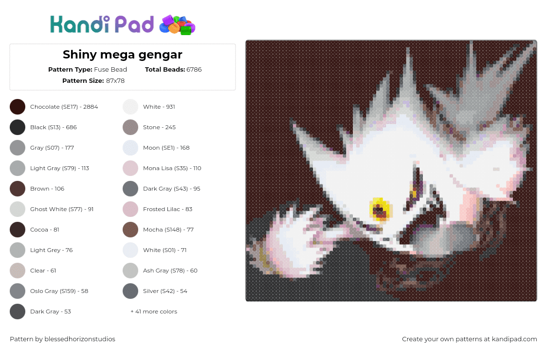 Shiny mega gengar - Fuse Bead Pattern by blessedhorizonstudios on Kandi Pad - gengar,pokemon,evolution,ghost,character,panel,spooky,gaming,white,gray,black