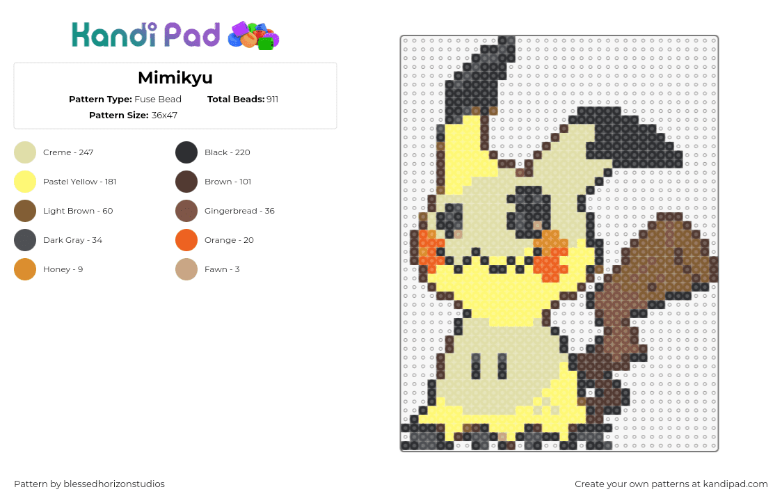 Mimikyu - Fuse Bead Pattern by blessedhorizonstudios on Kandi Pad - mimikyu,pokemon,character,gaming,yellow,brown