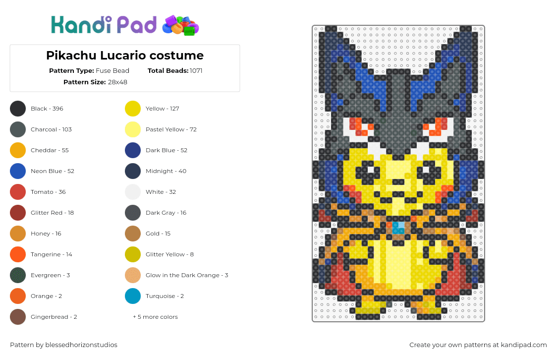 Pikachu Lucario costume - Fuse Bead Pattern by blessedhorizonstudios on Kandi Pad - pikachu,lucario,pokemon,costume,cute,gaming,character,yellow,blue