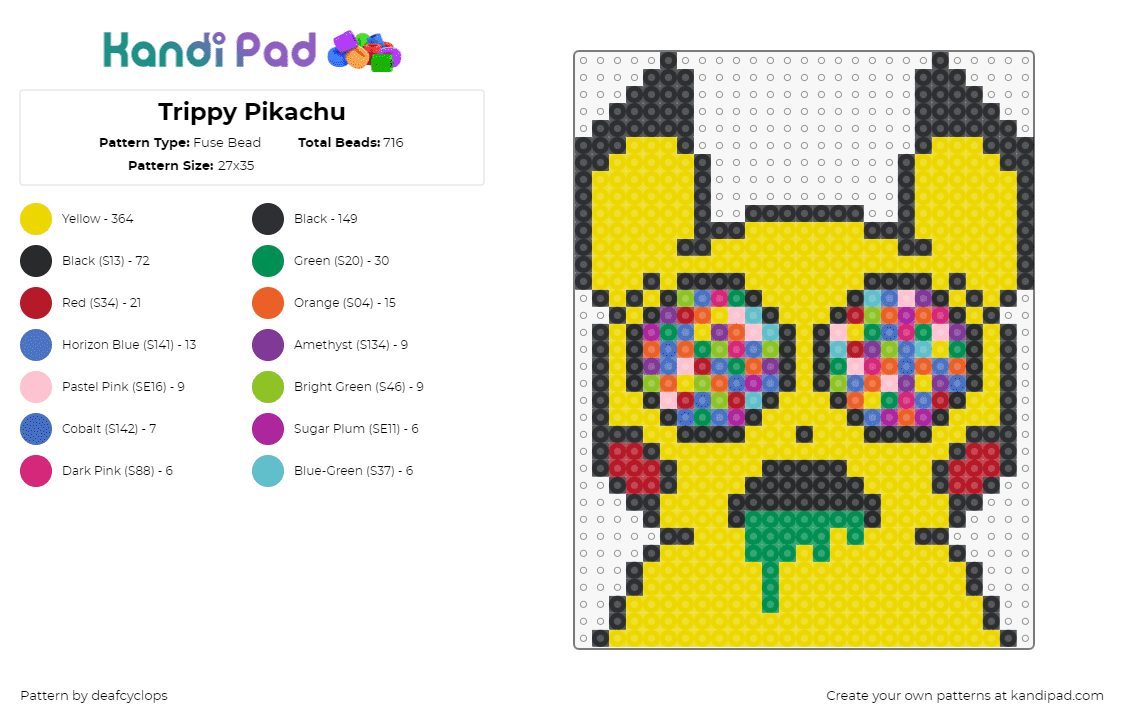 Trippy Pikachu - Fuse Bead Pattern by deafcyclops on Kandi Pad - 