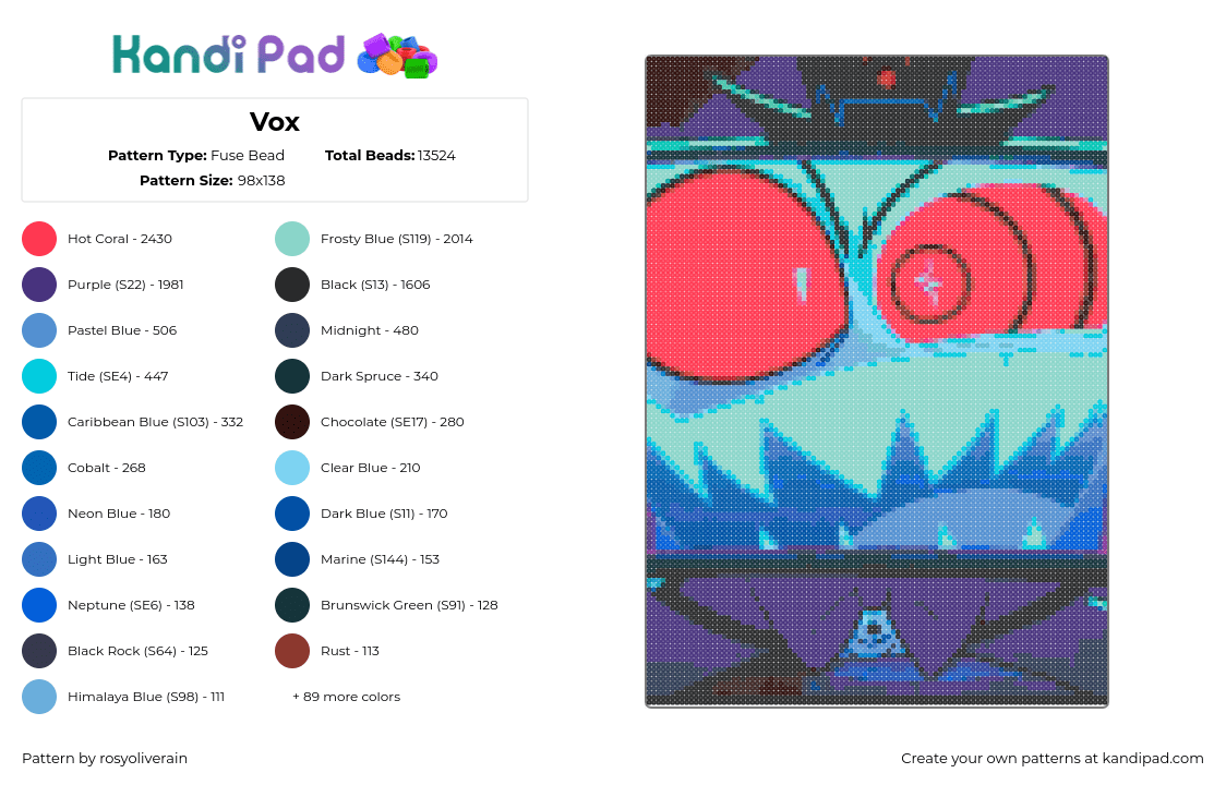 Vox - Fuse Bead Pattern by rosyoliverain on Kandi Pad - vox,hazbin hotel,eyes,tv,cartoon,tv show,red,light blue,purple