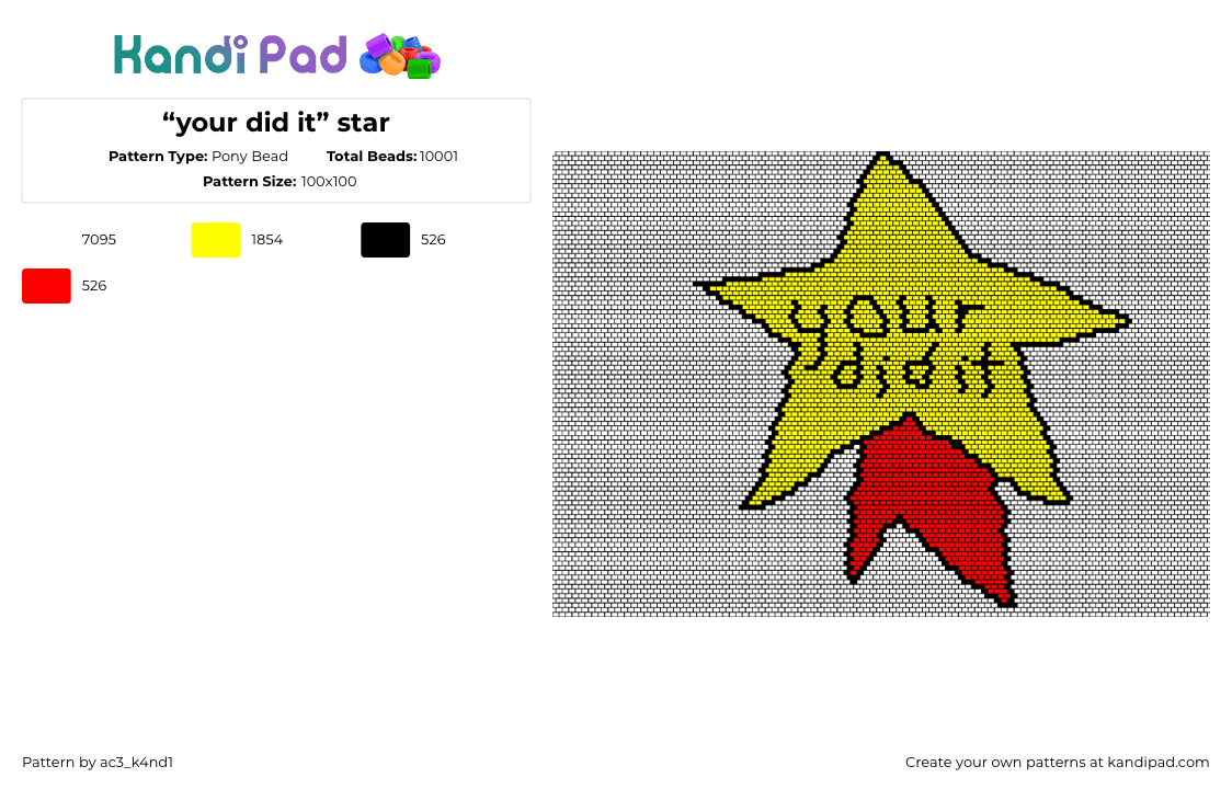 “your did it” star - Pony Bead Pattern by ac3_k4nd1 on Kandi Pad - your did it,trophy,star,text,silly,meme,yellow,red