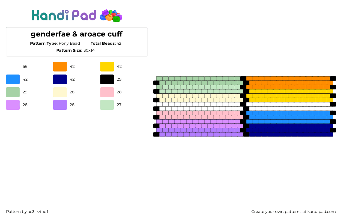 genderfae & aroace cuff - Pony Bead Pattern by ac3_k4nd1 on Kandi Pad - genderfae,aroace,pride,cuff,stripes,colorful,pastel,green,blue,purple,orange