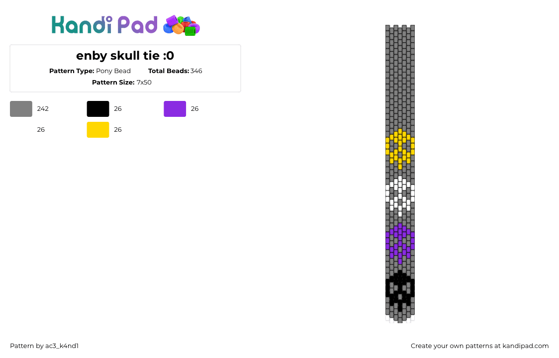 enby skull tie :0 - Pony Bead Pattern by ac3_k4nd1 on Kandi Pad - skulls,nonbinary,necktie,tie,pride,spooky,clothing,gray,yellow,purple