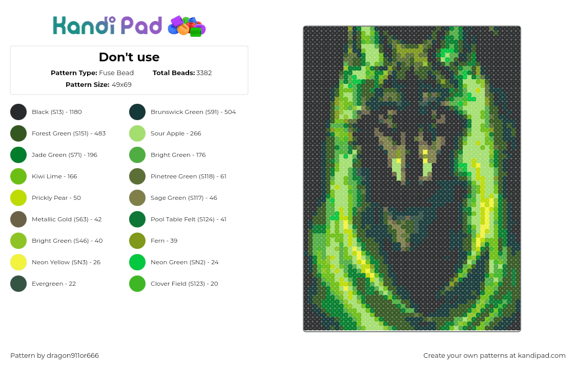 Don\'t use - Fuse Bead Pattern by dragon911or666 on Kandi Pad - wolf,glowing,neon,animal,black,green