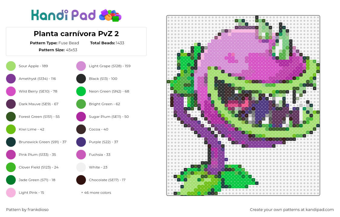 Planta carnívora PvZ 2 - Fuse Bead Pattern by frankdioso on Kandi Pad - chomper,plants vs zombies,venus flytrap,teeth,character,video game,purple,pink,green