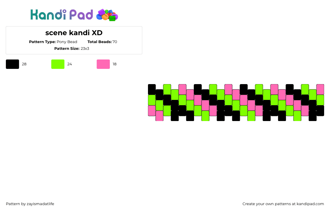 scene kandi XD - Pony Bead Pattern by zayismadatlife on Kandi Pad - scene,diagonal,stripes,bracelet,cuff,pink,green,black