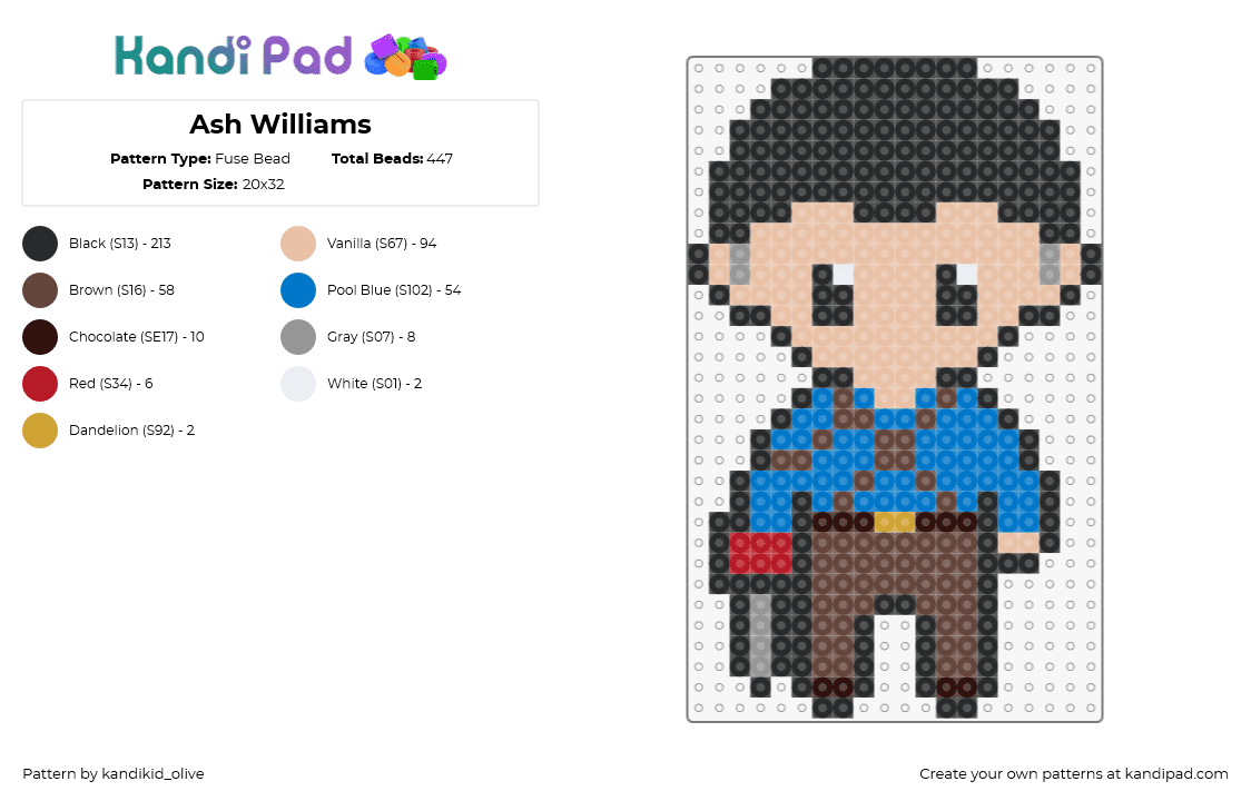 Ash Williams - Fuse Bead Pattern by kandikid_punkie on Kandi Pad - ash williams,evil dead,chibi,character,horror,movies,halloween,tan,blue,brown