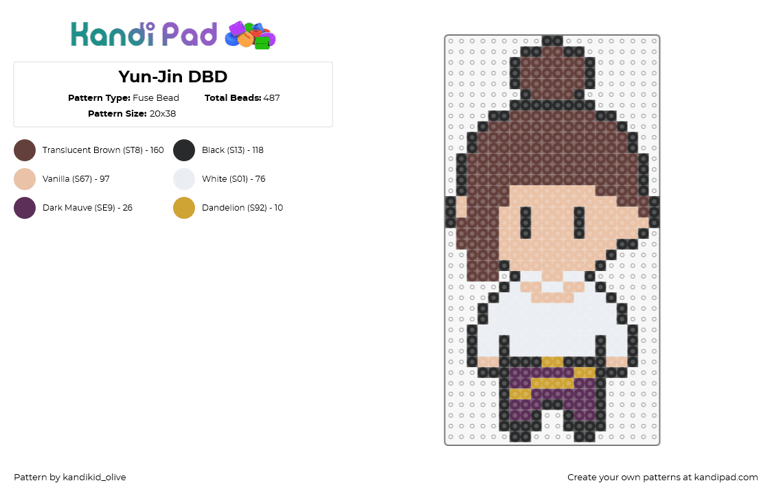 Yun-Jin DBD - Fuse Bead Pattern by kandikid_punkie on Kandi Pad - yunjin,dbd,dead by daylight,character,chibi,video game,horror,tan,white,brown