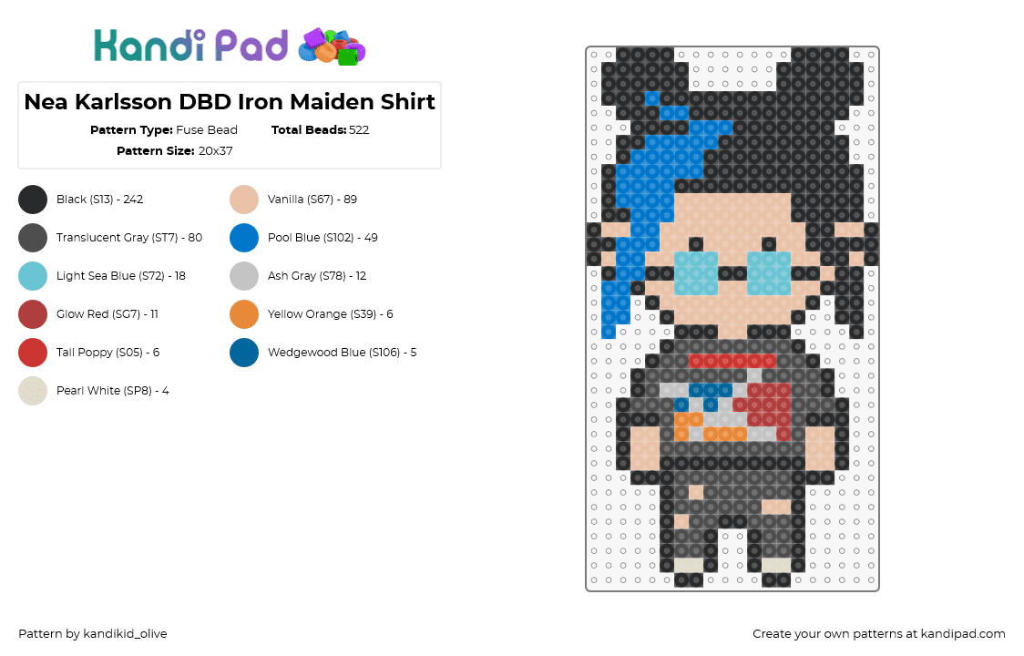 Nea Karlsson DBD Iron Maiden Shirt - Fuse Bead Pattern by kandikid_punkie on Kandi Pad - nea karlsson,dbd,dead by daylight,character,chibi,video game,horror,gray,tan,blue,black