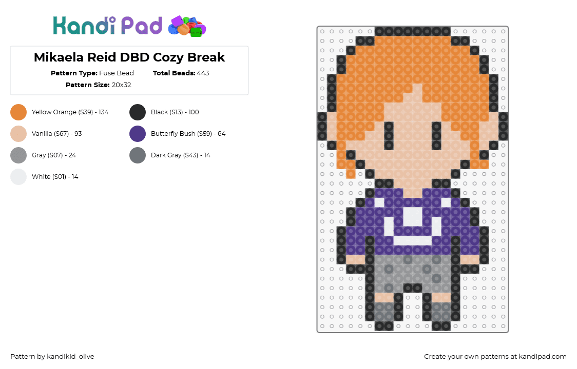 Mikaela Reid DBD Cozy Break - Fuse Bead Pattern by kandikid_punkie on Kandi Pad - mikaela reid,dbd,dead by daylight,character,chibi,video game,horror,gray,purple,orange,tan