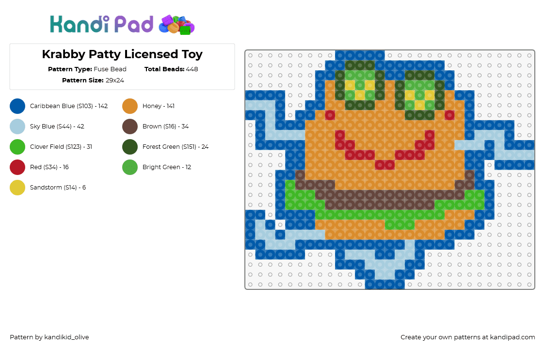 Krabby Patty Licensed Toy - Fuse Bead Pattern by kandikid_punkie on Kandi Pad - krabby patty,burger,wendys,toy,food,spongebob squarepants,orange,tan,light blue,green,blue