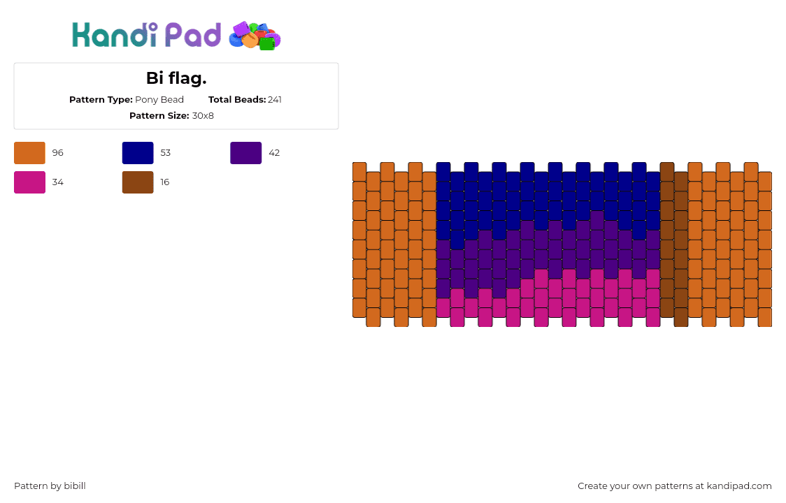 Bi flag. - Pony Bead Pattern by bibill on Kandi Pad - bisexual,pride,flag,cuff,orange,purple,pink