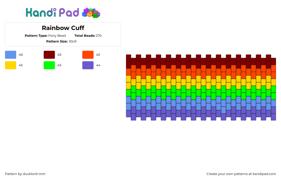 Rainbow Cuff - Pony Bead Pattern by ducklord-mm on Kandi Pad - horizontal,stripes,colorful,cuff,orange,blue